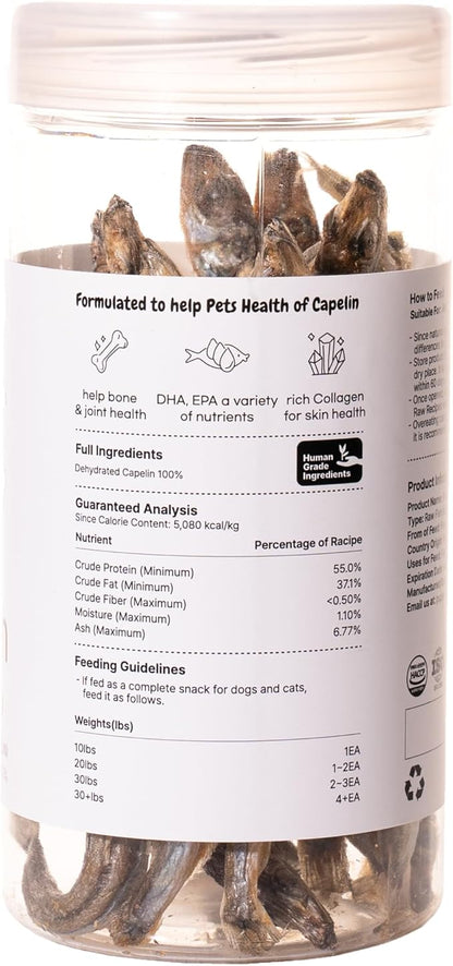 Puppyluv Treat - Freeze Dried Capelin Dog &amp; Cat Treats, Rich Fish Oil with Omega 3 Fatty Acides to Support Skin and Coat, Whole Fish, Grain Free, 2.3oz