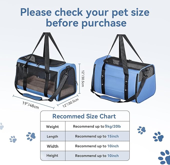 PETSFIT Soft-Sided Cat Carriers &amp; Car Seats with Patent Safe Buckles, Clip-On Harness, 19"x12"x12" Pet Travel Carrier - 20 lbs Capacity (Blue)