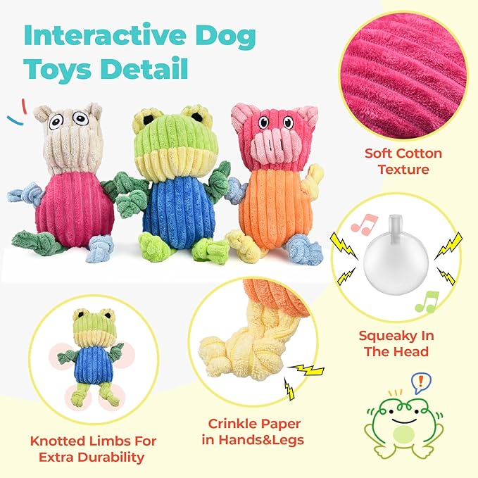 3pcs Dog Squeaky Toys, Plush Stuffed Puppy Chew Toy for Extended Play, Interactive Toys Great Gifts for Small Medium Large Chewer Dogs, Pet Toy Bulk to Keep Them Busy(Forg&amp;Hippo&amp;Pig)