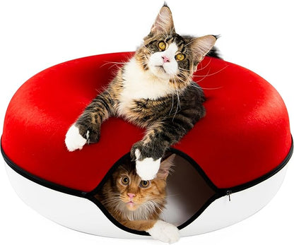 Cattasaurus Peekaboo Cat Cave, Extra Spacious for Multiple &amp; Large Cats 12+ lbs, Scratch Detachable Cat Beds for Indoor Cats, Washable Tunnel Bed, Comfy Cat Donut Tunnel (Ruby Snowball, Jumbo)
