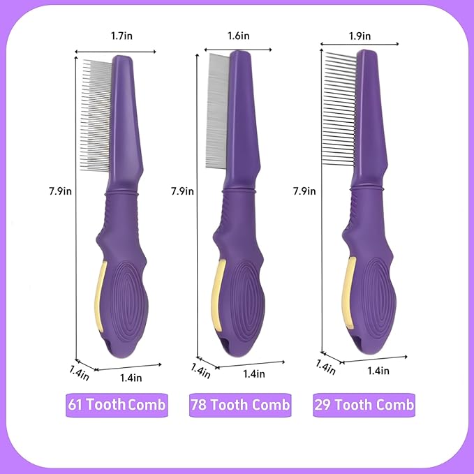 Temapex 3PCS Pet Comb for Grooming Long &amp; Short Haired Cats &amp; Dogs With Stainless Steel Metal Teeth for Removes Tangles &amp; Flea, Non-Slip &amp; Anti-Static Rubber Handle, Safe &amp; Gentle