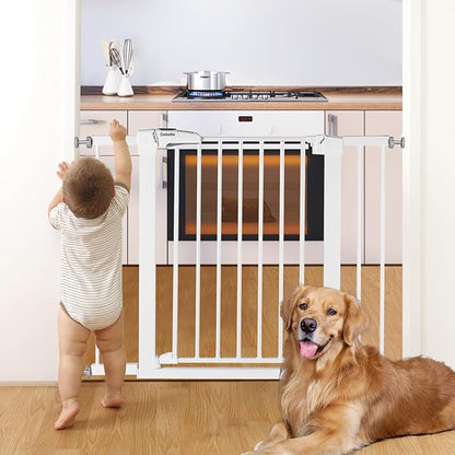 Babelio Metal Baby Gate, 29-43" Auto Close Easy Install Pet Gate, Extra Wide Walk Thru Child Safety Gate, 30" Tall Pressure Mounted Dog Gate for Doorways &amp; Stairs, White