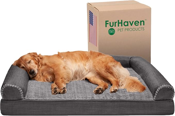 Furhaven Orthopedic Dog Bed for Large Dogs w/ Removable Bolsters &amp; Washable Cover, For Dogs Up to 95 lbs - Luxe Faux Fur &amp; Performance Linen Sofa - Charcoal, Jumbo/XL