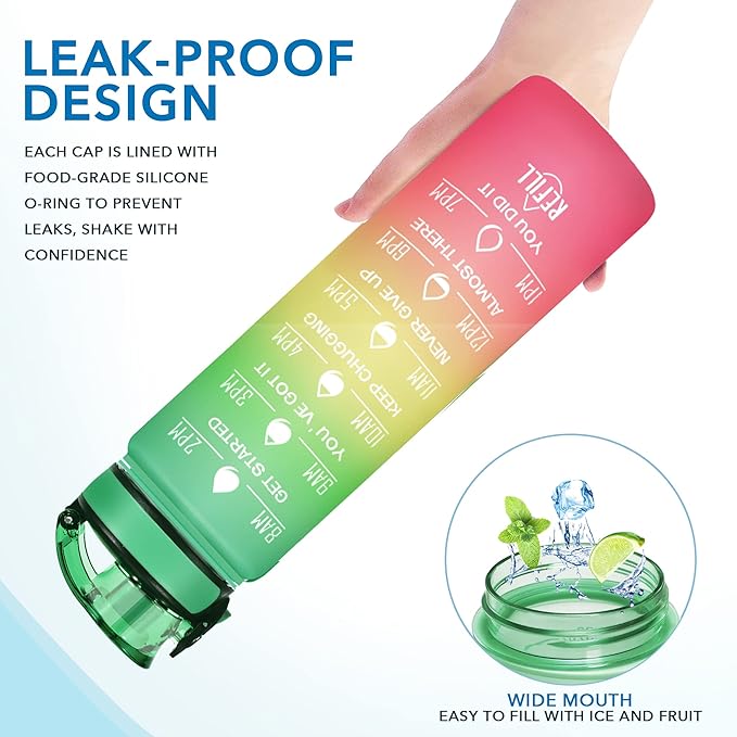 Enerbone Water Bottle, Leakproof BPA &amp; Toxic Free, Motivational Water Bottle with Times to Drink and Straw, Fitness Sports Water Bottle with Strap for Office, Gym, Outdoor Sports