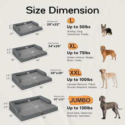 Large Dog Bed Orthopedic Washable - Beds Bolster - Extra XL XLarge Big Dogs - Memory Foam Couch Sofa - Waterproof with Removable Cover - Dark Grey Dog Bed
