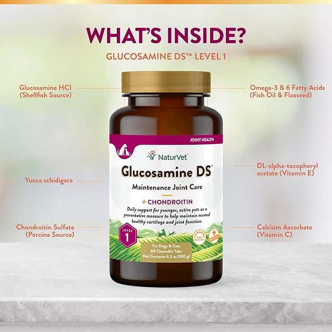 NaturVet Glucosamine DS Level 1 Maintenance Care Hip &amp; Joint Support Pet Supplement for Dogs &amp; Cats –Glucosamine, Chondroitin, Antioxidants –Supports Cartilage, Joint Function – 60 Ct.