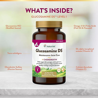 NaturVet Glucosamine DS Level 1 Maintenance Care Hip &amp; Joint Support Pet Supplement for Dogs &amp; Cats –Glucosamine, Chondroitin, Antioxidants –Supports Cartilage, Joint Function – 60 Ct.