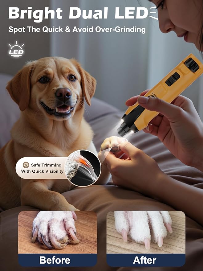 Casfuy 6-Speed Dog Nail Grinder – 50%+ Boost Power Dog Nail Trimmers Quiet with Dust Cap &amp; 2 LED Lights &amp; 2000mAh Battery &amp; 4.8V Motor Electric Pet Toenail File Tool for Large Medium Small Dogs Cats