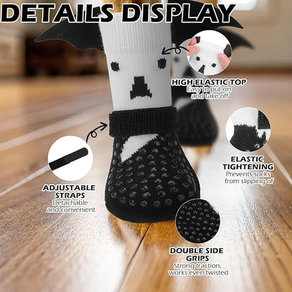 EXPAWLORER Halloween Anti Slip Dog Socks to Prevent Licking Paws, Boots &amp; Paw Protectors with Grippers,Doggie Booties for Hardwood Floors for Small Medium Large Senior Dogs Costume White Ghost Wings S