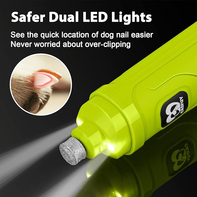 Casfuy Dog Nail Grinder with 2 LED Light - New Version 2-Speed Powerful Electric Pet Nail Trimmer Professional Quiet Painless Paws Grooming &amp; Smoothing for Small Medium Large Dogs(Green)