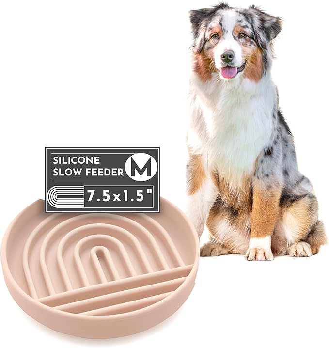 The Slowdown Bowl Silicone Slow Feeder for Dogs &amp; Puppies, Slow Eating, Modern Lick Mat Design, Reduces Gulping, Fits 2 Cups 7.5” Across x 1.5” Tall, Mealtime Challenge, Medium-Tan