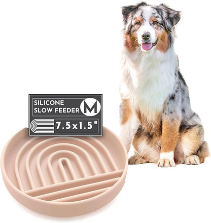 The Slowdown Bowl Silicone Slow Feeder for Dogs &amp; Puppies, Slow Eating, Modern Lick Mat Design, Reduces Gulping, Fits 2 Cups 7.5” Across x 1.5” Tall, Mealtime Challenge, Medium-Tan