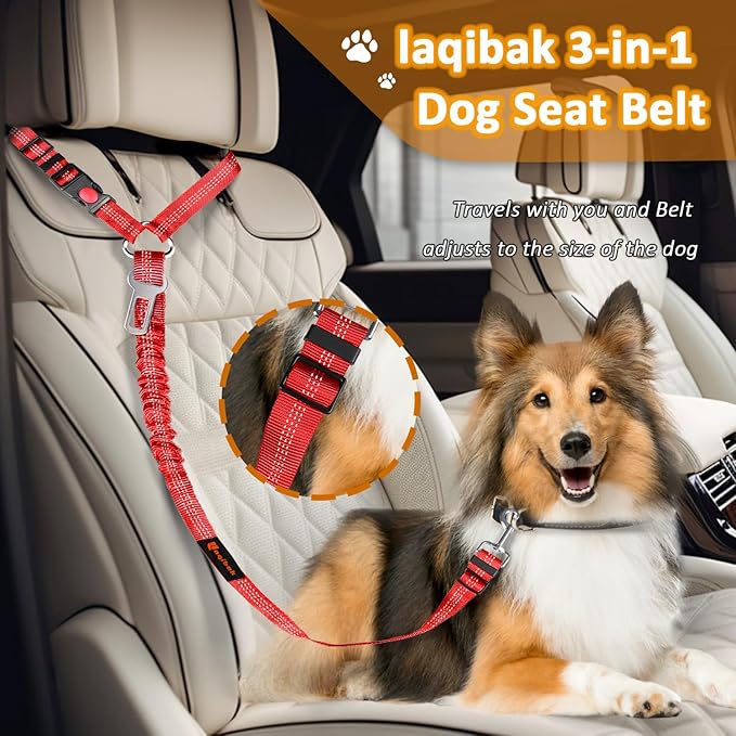 Removable Dog Seat Belt Harness for Car, 3 in 1 Pet Dog Car Seatbelt Leash, Retractable Restraint Secures to Vehicle Headrest &amp; Adjustable Reflective Bungee Dog Seatbelt Tether, Red