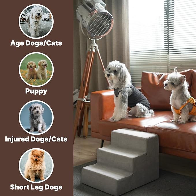 MEWANG Dog Stairs for Small &amp; Medium Dogs and Old Cats –3/4/ 5 Steps High-Density Foam Pet Ramp for Bed &amp; Couch, Non-Slip, Washable Cover, Grey (Square Corner, 3 Steps: 17.95&