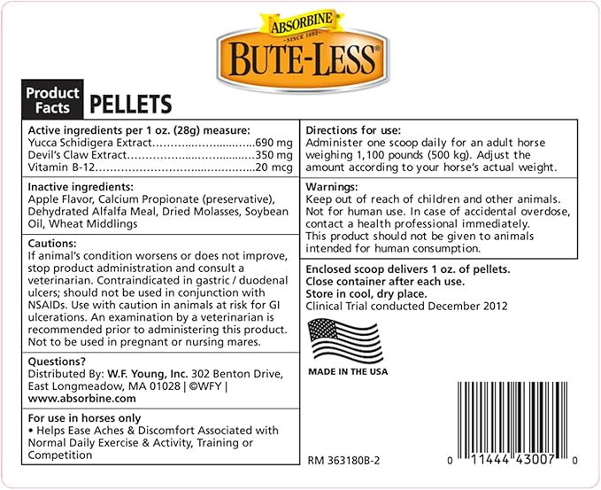 Absorbine Bute-Less Comfort &amp; Recovery Support Supplement, Provides Long-Term Comfort, Gentle on Stomach, Includes Devil’s Claw, Vitamin B-12, Yucca, 10 lb / 160 Day Supply