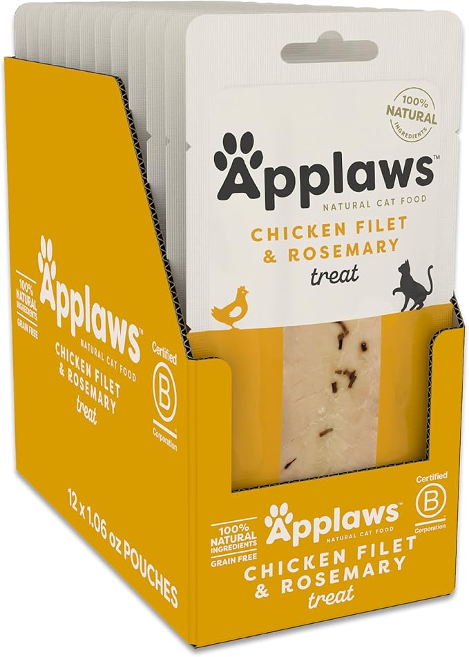 Applaws Natural Cat Treats, Grain-Free, High-Protein Whole Chicken &amp; Rosemary Loins, Single-Ingredient Healthy Snack for Cats (12 x 1.06 oz Loins)