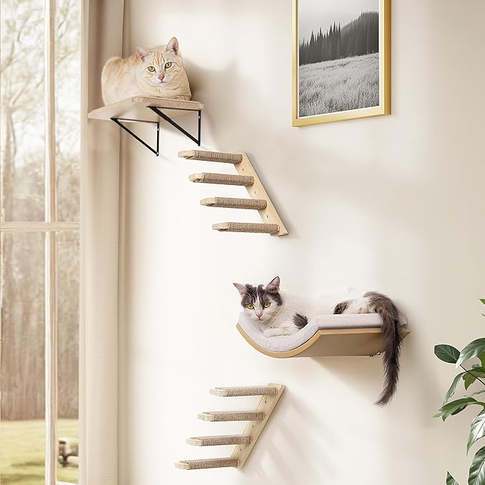 4-Piece Cats Wall Furniture with Cat Window Perch – Wood Wall Mounted Cat Shelves Set with Foam-Padded Curved Bed, Flat Perch &amp; 4-Step Cats Stairs