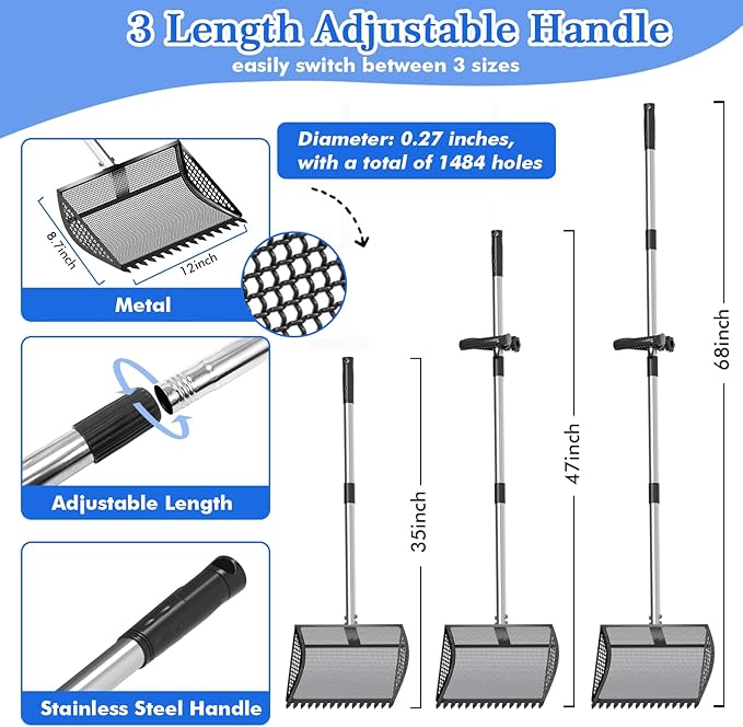 12 Inch Chicken Poop Scooper &amp; Rake 2-in-1, Large Metal Shovel Head, Rubber Handle Stainless Steel Chicken Litter Scoop for Chicken Coops, Litter Screening Scoop (35 to 65in) US Patent Pending (Black)