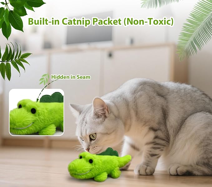 Interactive Cat Toys for Indoor Cats - Automatic Moving Cat Chase Toy for Bored Indoor Adult Cats - 360° Random Movement, Tail Wagging &amp; Catnip Stimulation - Electric Croc(Long Plush)