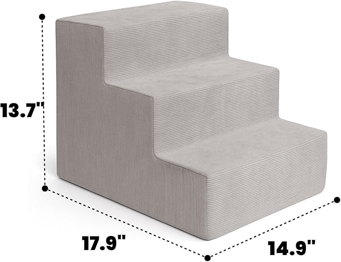 MEWANG Dog Stairs for Small &amp; Medium Dogs and Old Cats –3/4/ 5 Steps High-Density Foam Pet Ramp for Bed &amp; Couch, Non-Slip, Washable Cover, Grey (Square Corner, 3 Steps: 17.95&