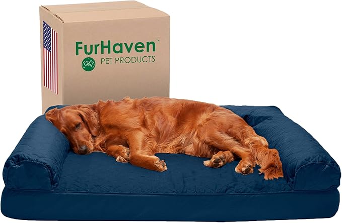 Furhaven Orthopedic Dog Bed for Large Dogs w/ Removable Bolsters &amp; Washable Cover, For Dogs Up to 95 lbs - Quilted Sofa - Navy (Blue), Jumbo/XL