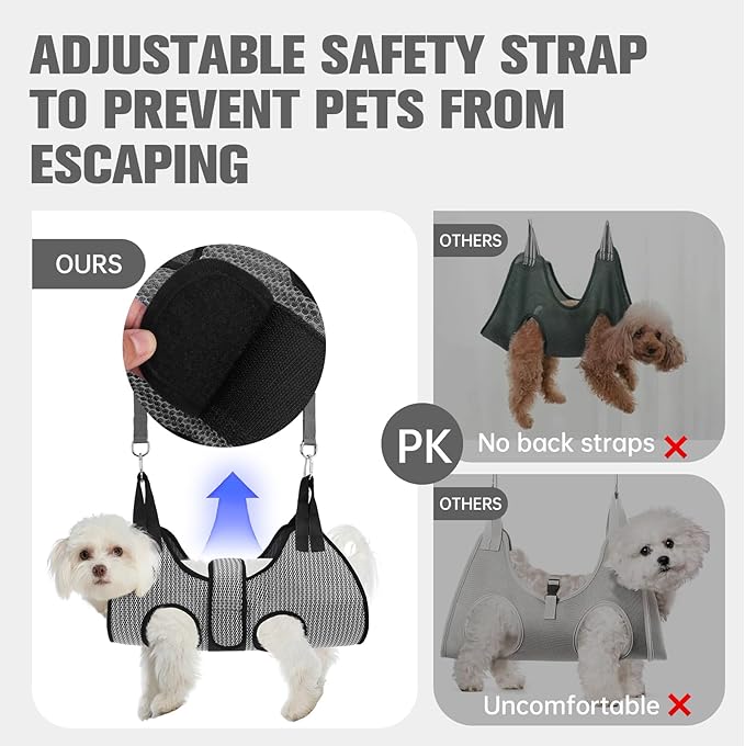 PAWCHIE Dog Grooming Hammock Harness for Dogs &amp; Cats with Pet Nail Clipper Trimmer- Breathable Cat Hanger Sling for Trimming Clipping Nails-Dog Hammock Restraint Bag for Small Medium Large Dog,Grey XS