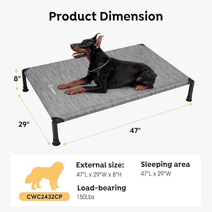 Veehoo Heavy Duty Elevated Dog Bed - Raised Dog Cot with Washable &amp; Breathable Teslin Mesh, Non-Slip Silicon Feet, Cooling, Indoor/Outdoor, 47" x 29", Black Silver