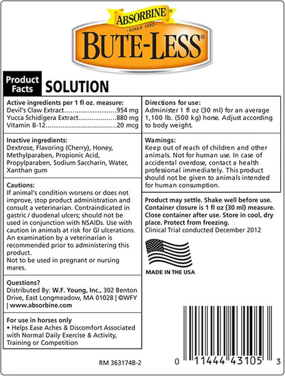 Absorbine Bute-Less Long-Term Horse Comfort &amp; Recovery Supplement Solution, Gentle on Stomach, Devil&