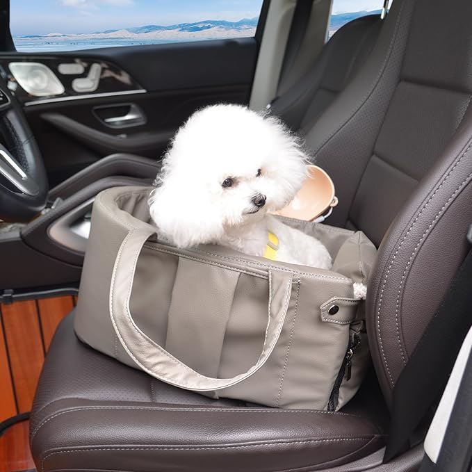 2 and 1 Center Console Dog Car Seat &amp; Carrier for Small Dogs, Large Leather Dog Car Bed with Storage Pocket, Waterproof PVC Leather Seat Travel Bed for Front &amp; Back Seat, Clip-On Safety Leash
