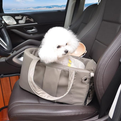 2 and 1 Center Console Dog Car Seat &amp; Carrier for Small Dogs, Large Leather Dog Car Bed with Storage Pocket, Waterproof PVC Leather Seat Travel Bed for Front &amp; Back Seat, Clip-On Safety Leash