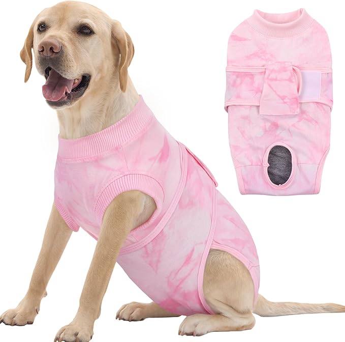 FUAMEY Recovery Suit for Dogs After Surgery,Soft Breathable Dog Bodysuit E-Collar &amp; Cone Alternative Surgical Suit,Male Female Dog Neuter Spay Suits Anti Licking Wounds Onesie Pink Tie Dye XXL