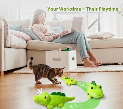 Interactive Cat Toys for Indoor Cats - Automatic Moving Cat Chase Toy for Bored Indoor Adult Cats - 360° Random Movement, Tail Wagging &amp; Catnip Stimulation - Electric Croc(Short Plush)