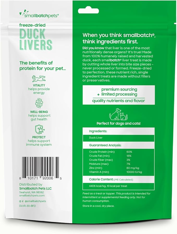 smallbatch Freeze Dried Dog Treats, Duck Liver Treats for Dogs &amp; Cats, High Protein, Single Ingredient Dog Treat for Training or Food Topper, Natural, Humanely Sourced Meat, Made in The USA, 3 oz
