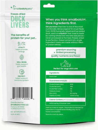 smallbatch Freeze Dried Dog Treats, Duck Liver Treats for Dogs &amp; Cats, High Protein, Single Ingredient Dog Treat for Training or Food Topper, Natural, Humanely Sourced Meat, Made in The USA, 3 oz