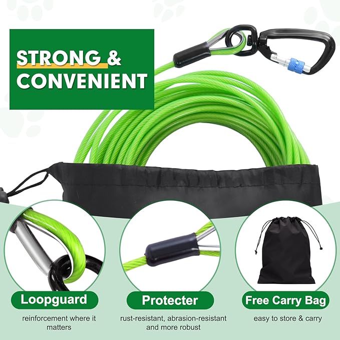 Snagle Paw Dog Tie Out Cable 15FT,Heavy Duty Dog Leads for Yard with Shock Absorbing Spring &amp; Swivel Hook,Leash Cable for Outdoor Camping,Dog Line for Small Large Dogs,withstand 1000LBS Break Strength