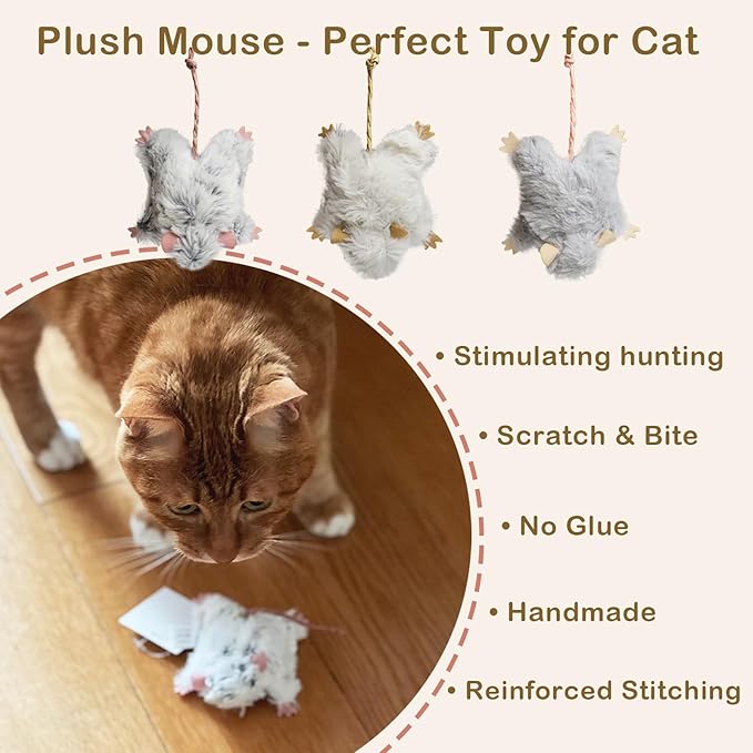 Catnip Cat Mice Toy,3 Pcs Plush Cats Nip Mouse Toys for Teeth Cleaning Chew Kitten Kicker Toy with Crinkle &amp; Bell Cat Interactive Catnip Toys for Indoor Kittens Play Fetch