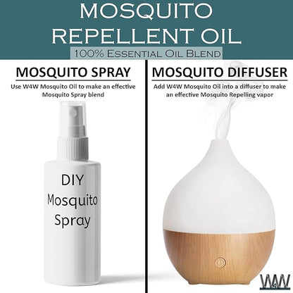 W4W Mosquito Oil - 100% Essential Oil Blend - 4 Oz - Mosquitoes, Gnats &amp; other Flying Insects - for use with Diffusers, Sprays, Lotions, &amp; Soaps - 4 Ounce Dropper Bottle