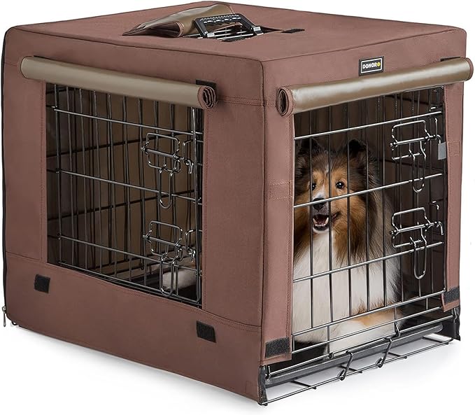DONORO Dog Crates for Medium Large Size Dogs Indoor Double Door Dog Kennels &amp; Houses for Puppy and Cats, Collapsible Metal Contour Dog Cages (Brown, 36.0" L x 23.0" W x 25.0" H)