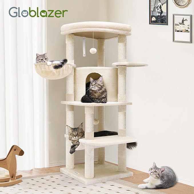 Globlazer Corner Cat Tree, 51in Curved Series Modern Cat Tower for Indoor Cats with Hammock, 7 Sisal Scratching Posts, Large Fan-Shaped Platform for Large Cats, Cat Condo &amp; Hanging Basket, C51, Beige