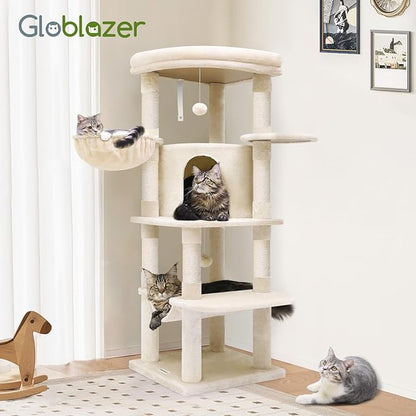 Globlazer Corner Cat Tree, 51in Curved Series Modern Cat Tower for Indoor Cats with Hammock, 7 Sisal Scratching Posts, Large Fan-Shaped Platform for Large Cats, Cat Condo &amp; Hanging Basket, C51, Beige