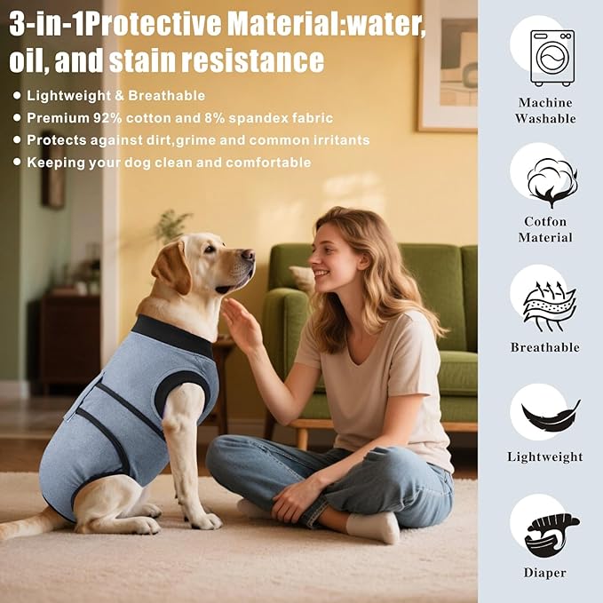 Idepet Dog Recovery Suit Female,Dogs Onesie Suit Surgery Male Breathable Pet Bodysuit for Spay Neuter E-Collar &amp; Cone Alternative Surgical Suit Puppy Abdominal Anti Licking Wounds Shirt (Gray, XXL)