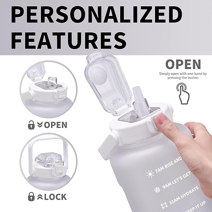 64oz,100oz,128oz Large Motivational Water Bottle with Time Marker, Leakproof &amp; BPA Free Half Gallon Big Water Bottle with Straw Handle Tritan Frosted Water Jug for Gym,Fitness,Outdoor Sports