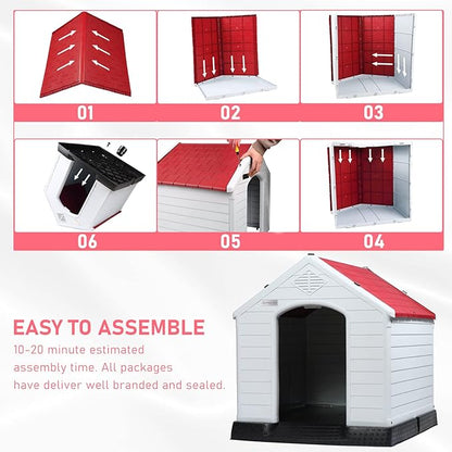 LEMBERI Durable Waterproof Plastic Dog House for Small to Large Sized Dogs, Indoor Outdoor Doghouse Puppy Shelter with Elevated Floor, Easy to Assemble (Red, 34&