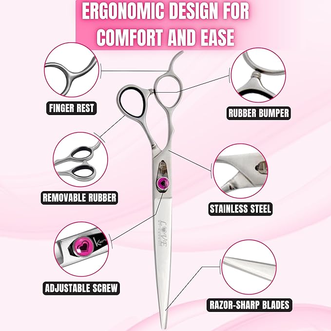 Kenchii Love Left Handed Dog Grooming Scissors, 8 Inch Straight Shears, Dog Scissors for Grooming, Professional Pet Grooming Scissors, Ergonomic &amp; Comfortable
