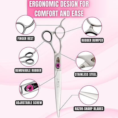 Kenchii Love Left Handed Dog Grooming Scissors, 8 Inch Straight Shears, Dog Scissors for Grooming, Professional Pet Grooming Scissors, Ergonomic &amp; Comfortable