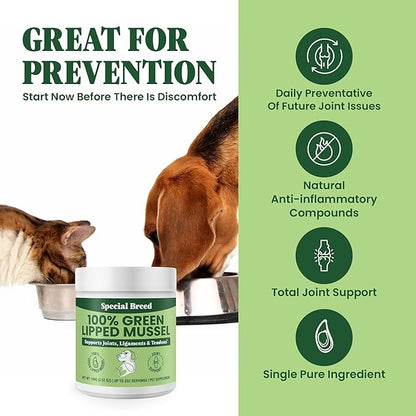 Special Breed Green Lipped Mussel Powder for Dogs &amp; Cats - 100% New Zealand - Natural Hip &amp; Joint Supplement for Joints, Tendons, Ligaments, Muscles - 100 Grams - Up to 332 Servings