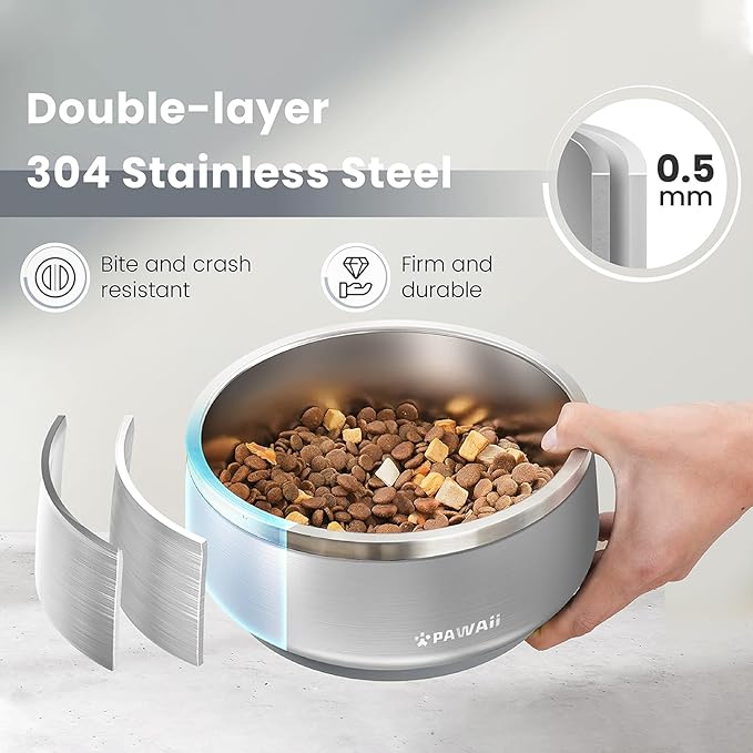 Pawaii Stainless Steel Dog Bowl with Non-Slip Rubber Base &amp; Double Wall Insulation - Durable Design | Includes ID Tag | Dishwasher Safe Food &amp; Water Bowl for All Dogs (68oz)
