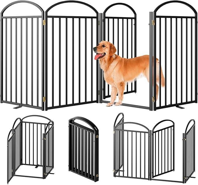 4 Panles Full Matel Freestanding Dog Gates with Door, 96"Extra Wide 36"Tall Free Standing Dog Pet Gate for Indoor &amp; Outdoor. Foldable Pet Fences for Doorways, House, Stairs, Porch, Deck, Yard