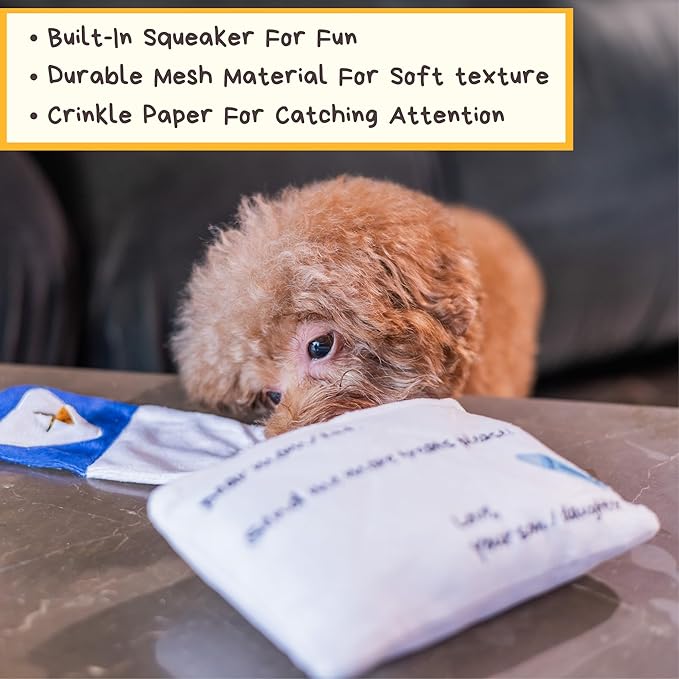 Hong Kong Airmail Soft Plush Nose-Work Squeaky Dog Toy - Durable &amp; Cute 2-in-1 Envelope &amp; Letter for Interactive Play, Extendable Cloth to Hide Food for Puzzle Fun, Small Medium Dogs