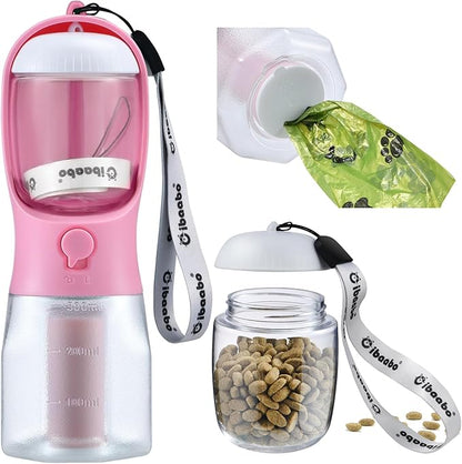 Dog Water Bottle with Food Container &amp; Poop Bag Holder, Travel Water Bowl, Portable Pet Dispenser, Girl Dog Accessories Stuff Items Essentials Gift for Yorkie Chihuahua Walking Hiking